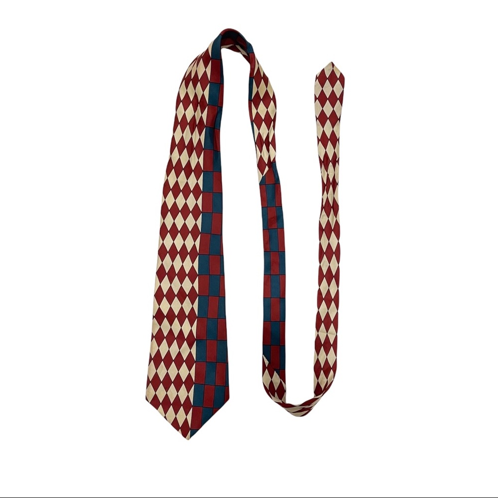 Vintage 80s handmade 100% silk tie diamond and checker print super retro